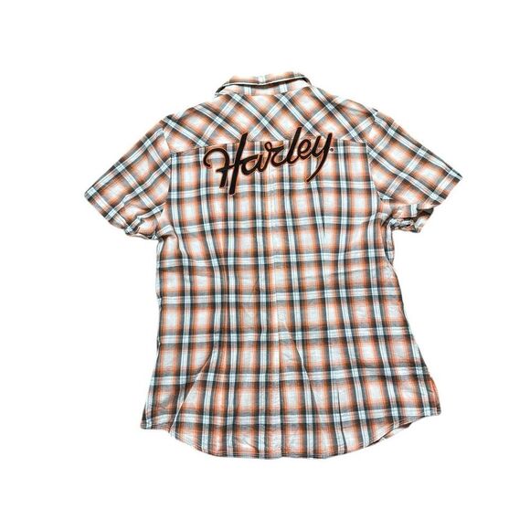 Harley-Davidson Short Sleeve Pearl Snap Button Down Shirt Orange Plaid Medium - Picture 3 of 6